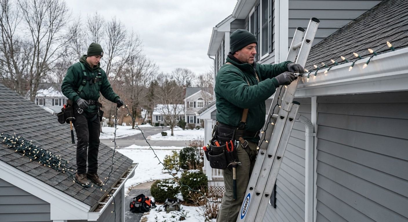 SomeGuys crew installing lights on a roof