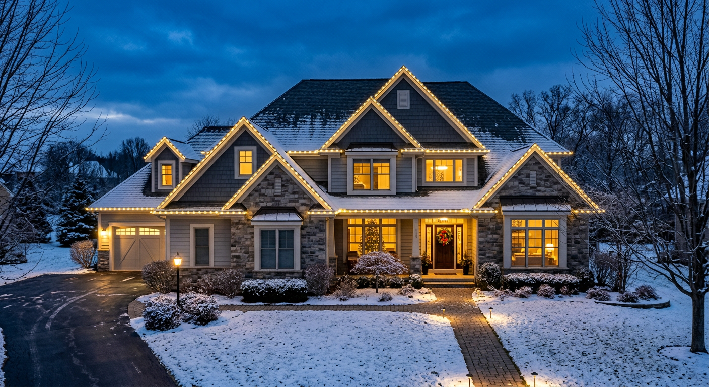 Home with a professionally installed warm-white roofline at dusk
